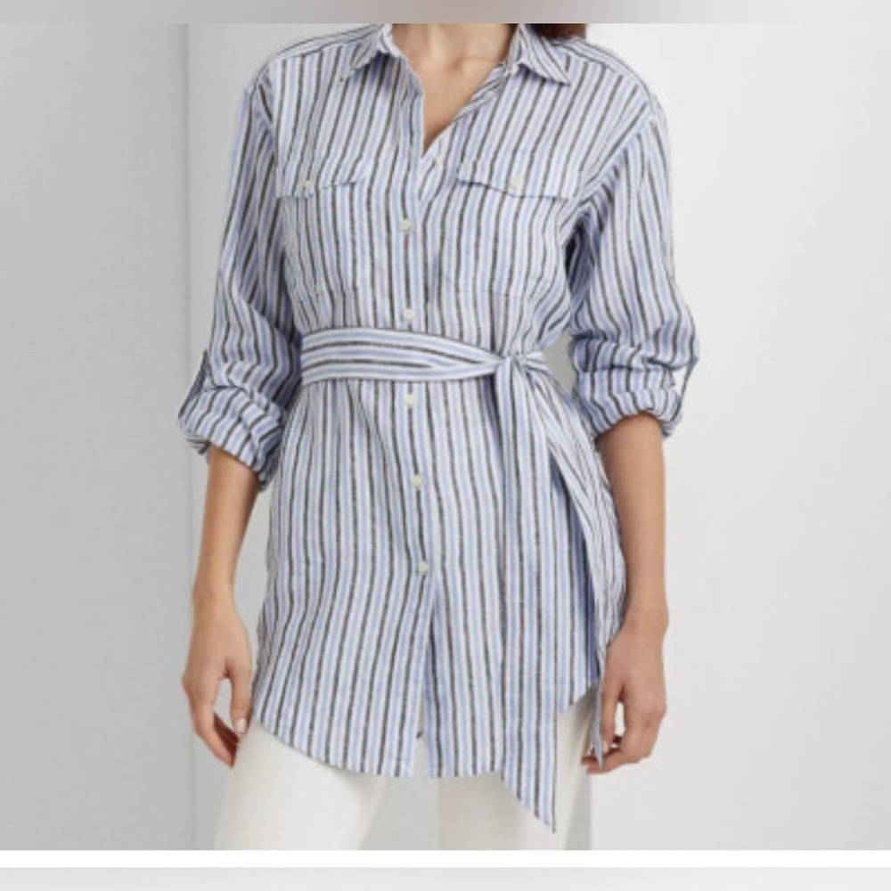 Lauren Ralph Lauren Belted 100% Linen Shirt Button Up Striped Tunic SP